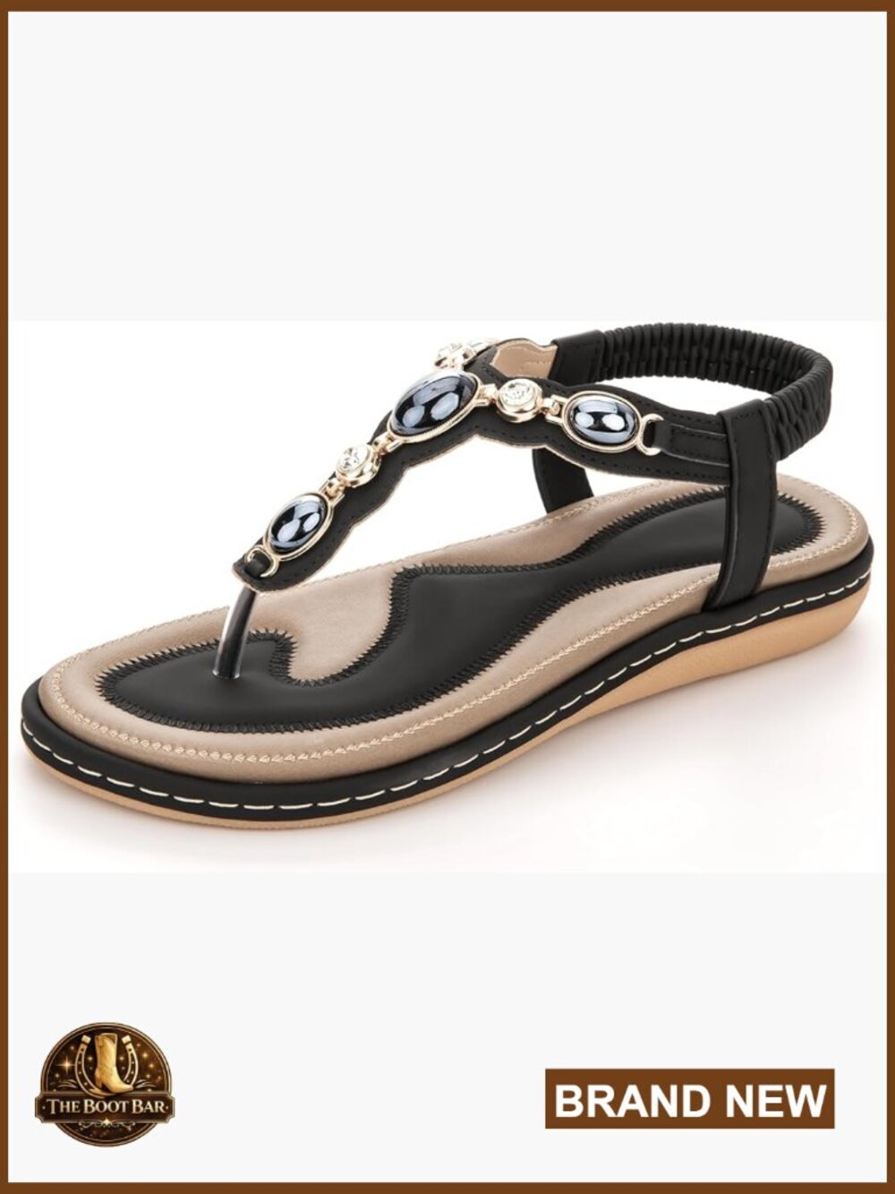 Rhinestone T-Strap Flat Sandals with Cushioned Sole